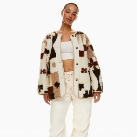 Aritzia Wilfred Free River Faux Sherpa Teddy Jacket Geometric Brown Cream XS - Picture 3 of 10